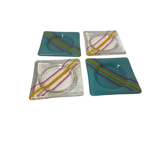 4 Art Glass Fused Artisan Coasters Blue Yellow Red  Trinket bowl Decor Vintage - Picture 3 of 16